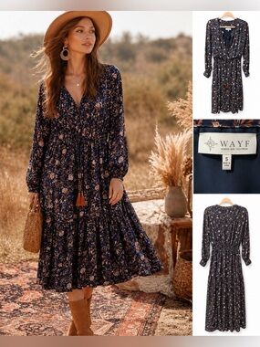 WAYF Navy Floral Long Sleeve Midi Dress Tassel Tie Boho Size Small